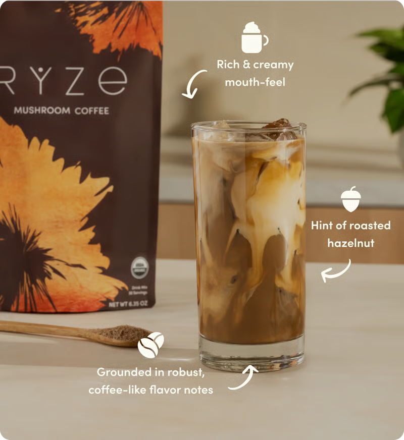 RYZE Mushroom Coffee iced latte