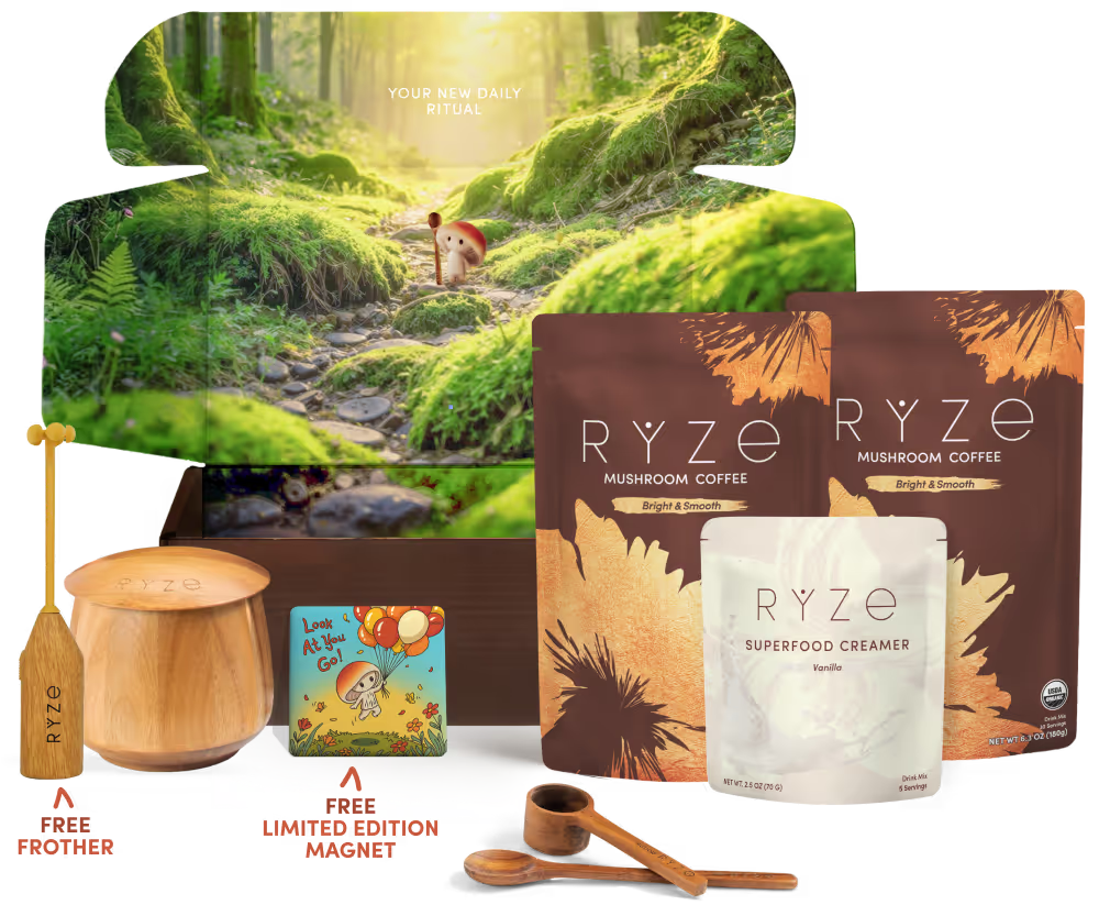 RYZE Ritual Set forest bundle image with frother, jar, creamer, and magnet