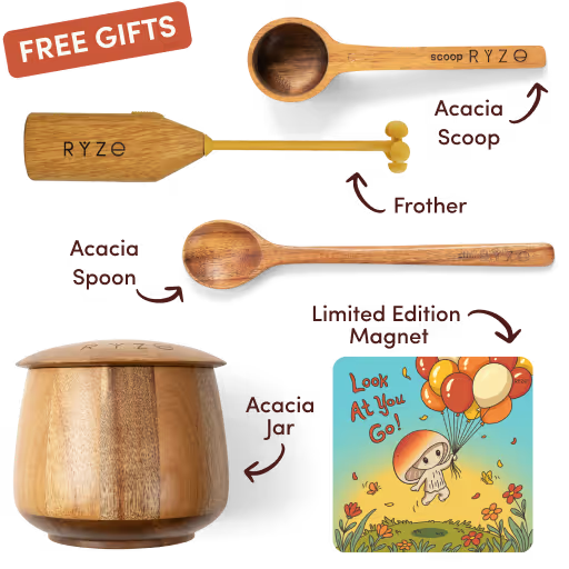RYZE Ritual Set free gifts including frother, jar, spoon, scoop, and magnet