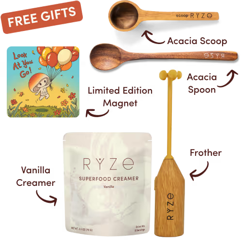 RYZE Ritual Set free gifts including vanilla creamer, frother, spoon, scoop, and magnet