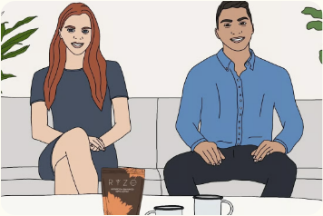 RYZE founders on a couch with coffee